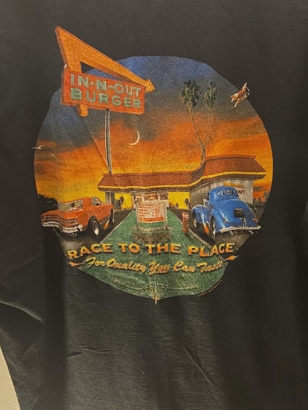 In N Out Burger Tee.Hanes Black Short Sleeve Tee with Orange & Yellow Chest Logo - Picture 2 of 5